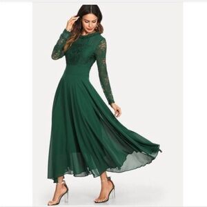 #201 Roiii Lace A line Chiffon Maxi Dress Lady High Waist large green